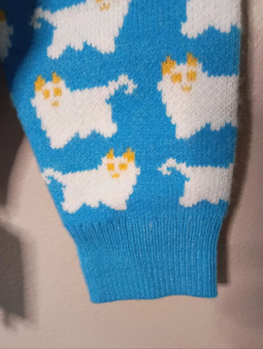 Cider Knit Sheep Cat Pattern Crop Sweater Sky Blue Long Sleeve Oversized XS NWT